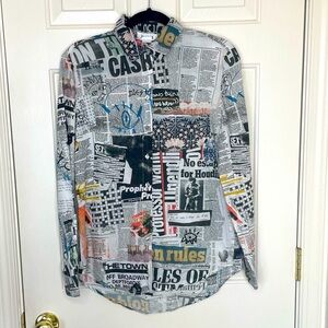 Desigual Newspaper Print Button Up Blouse – Long Sleeve Graphic Statement Top